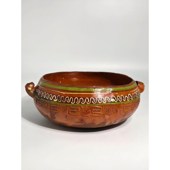 Handcrafted Vintage Folk Art Mexican Clay Pottery Bowl With Green White Accents - Picture 3 of 12